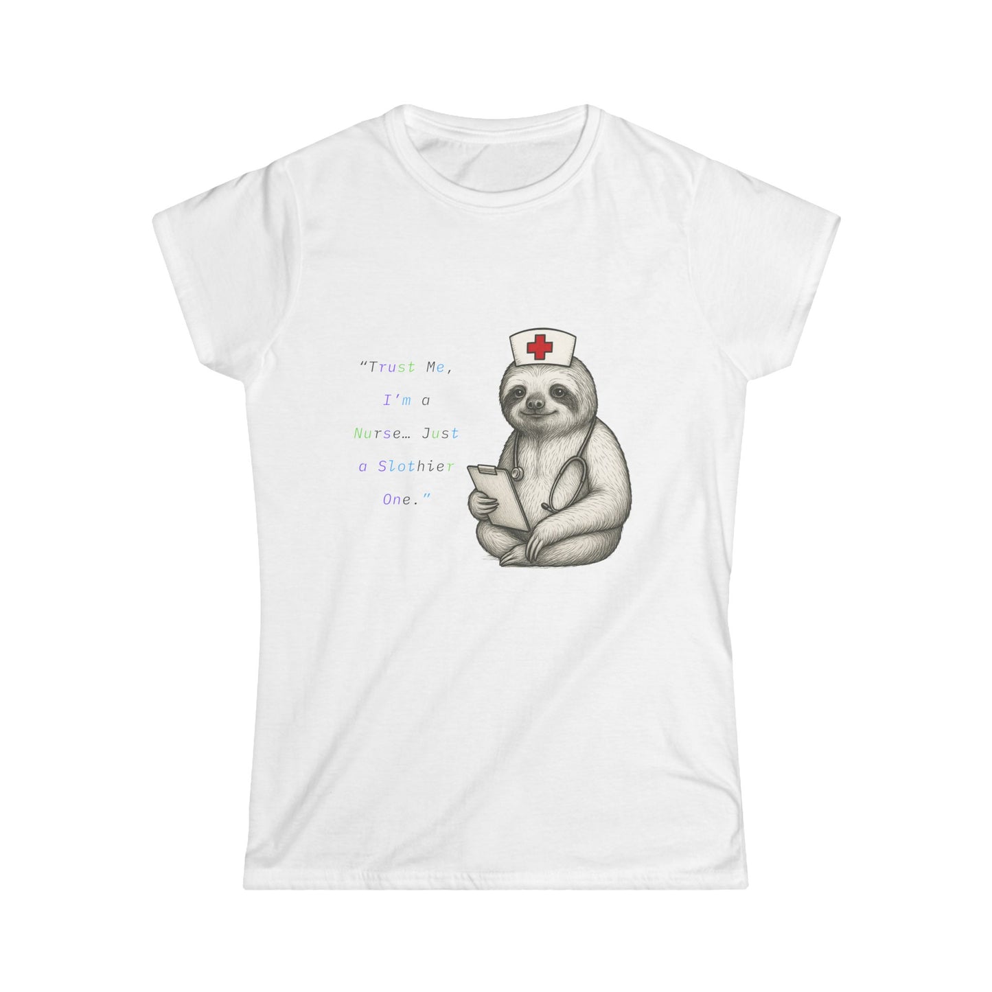 Cute Nurse Sloth Women's Softstyle Tee, Fun Gift for Nurses, Animal Lover Shirt, Comfortable Casual Wear, Sloth Lovers Tee